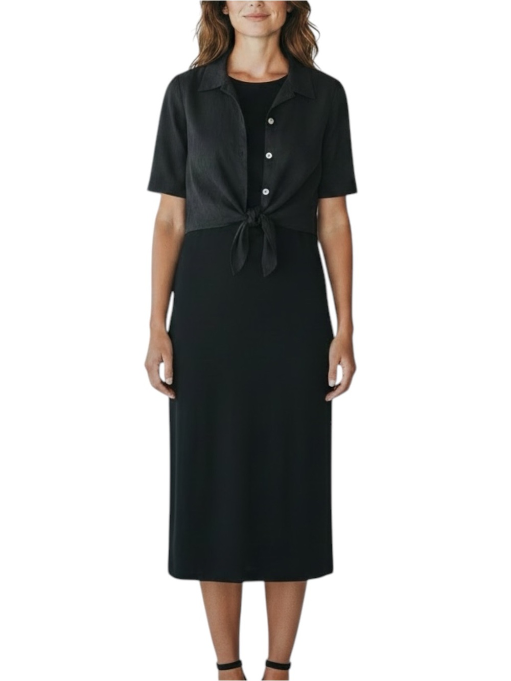 TALBOTS 2 PC Linen Blend Midi Dress w/ Tie-Front Short Sleeve Cropped Jacket